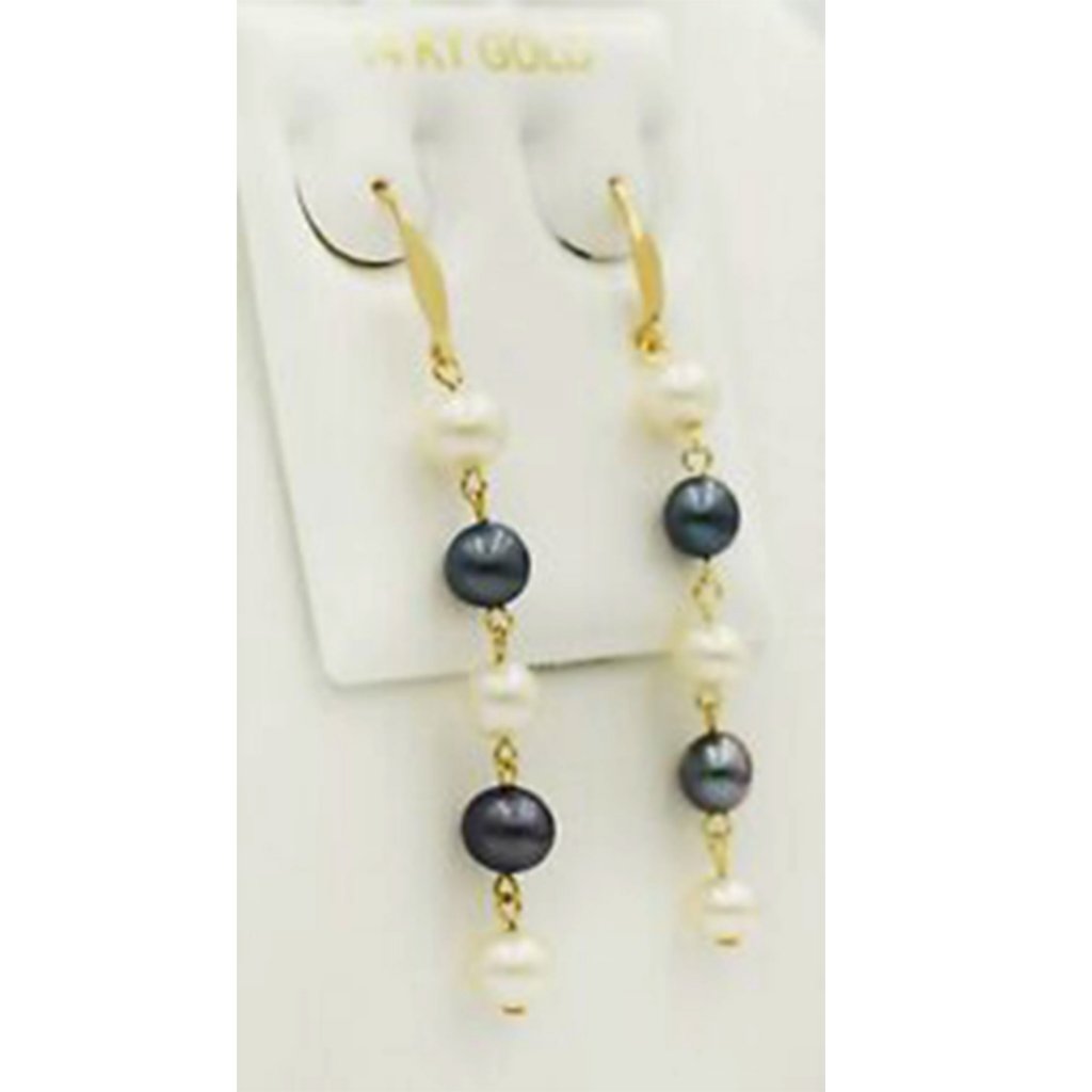 Genuine Tahitian & White Pearls Dangling Earrings 14k Gold